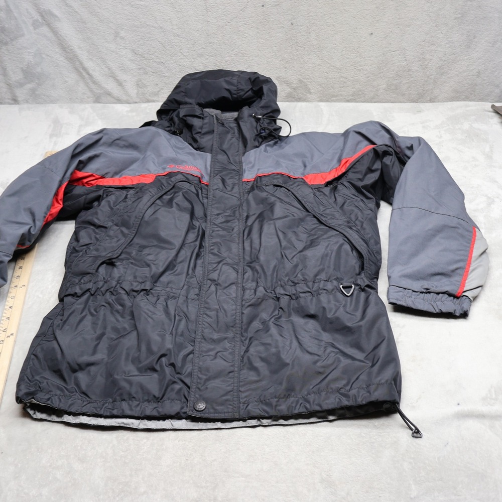 Columbia Jacket Men Medium? Gray Black Hooded Removable Fleece Liner 3in1 VTG